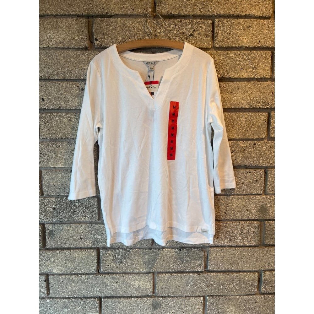 Womens Orvis White 3/4 Sleeve Classic V-Neck Cotton Shirt M